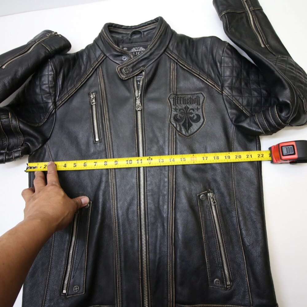 Affliction Black Premium Limited Leather Jacket Mens L fits Slim Cross Back Moto - Picture 14 of 16
